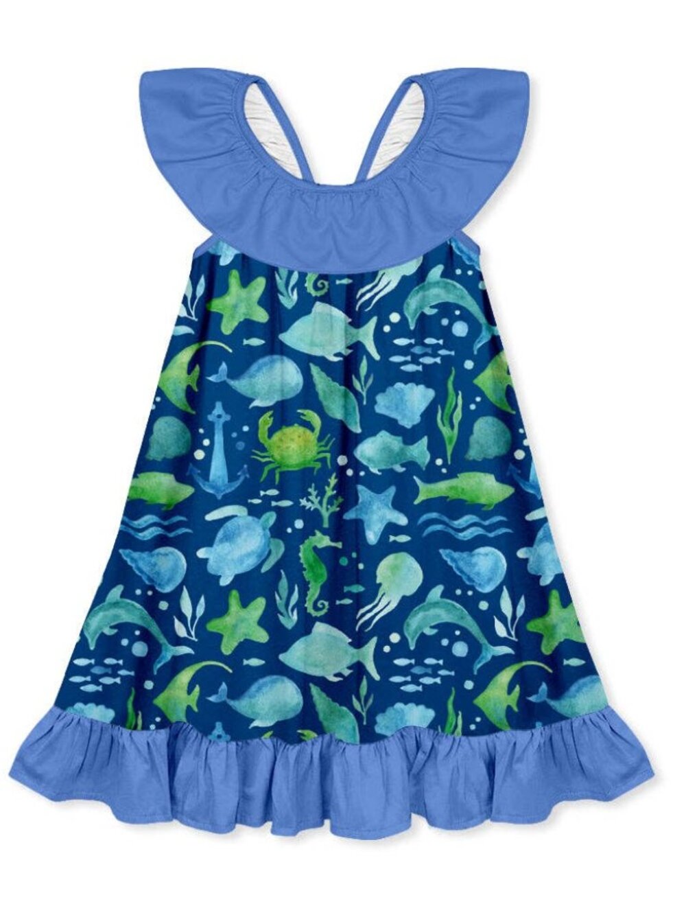 Blue Underwater Ruffle-Hem Yoke Dress